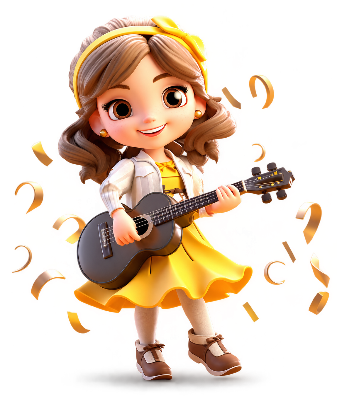 Confidance girl in a yellow dress playing guitar